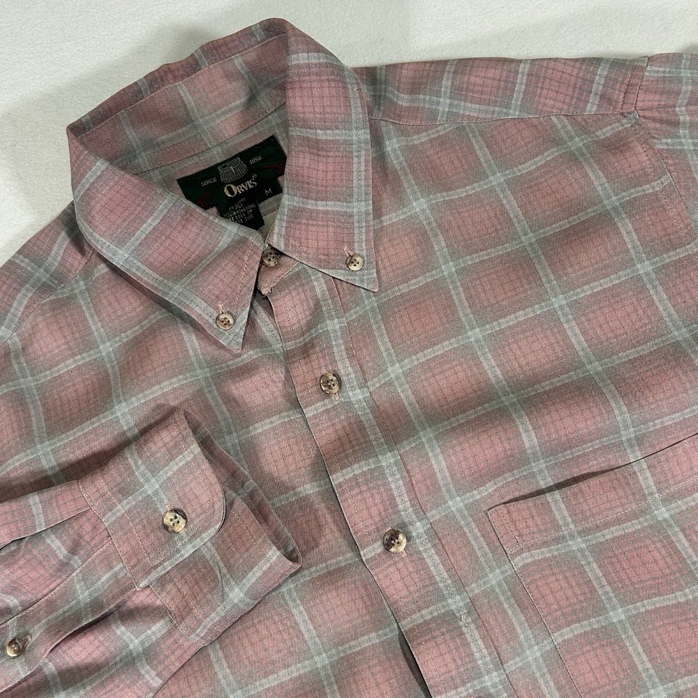 Orvis Men's Medium Pink Gray Plaid Silk Long Sleeve‎ Button Up Fly Fishing Shirt